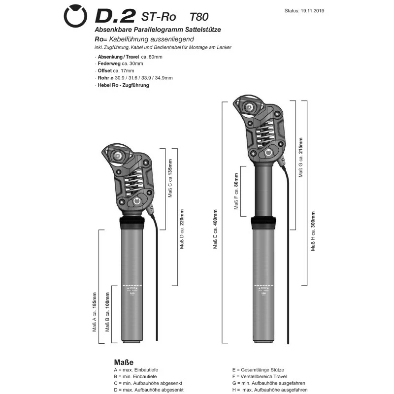 By Schulz By.Schulz Sattelstütze, D.2 ST-Ro T80 DROPPER Kabel AUSSEN 34.9 X 190mm Hub:30mm STANDARD 80-105 Kg 1 By Schulz By.Schulz Sattelstütze, D.2 ST-Ro T80 DROPPER Kabel AUSSEN 34.9 X 190mm Hub:30mm STANDARD 80-105 Kg
