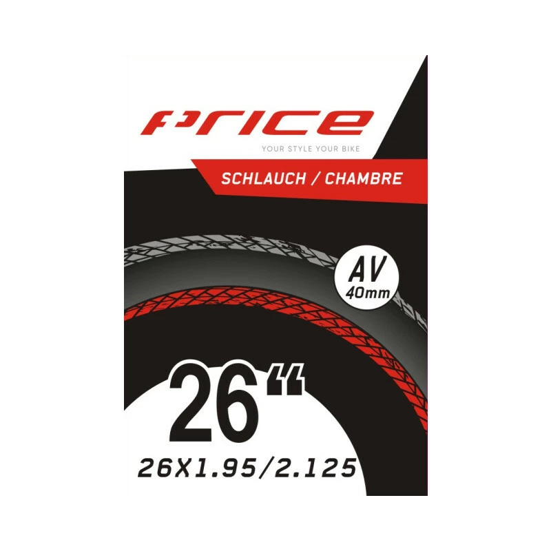 Price Schlauch MTB, 26x1.9-2.15, AV40, Ventil 40mm, Box à 10 Stk. 1 Price Schlauch MTB, 26x1.9-2.15, AV40, Ventil 40mm, Box à 10 Stk.