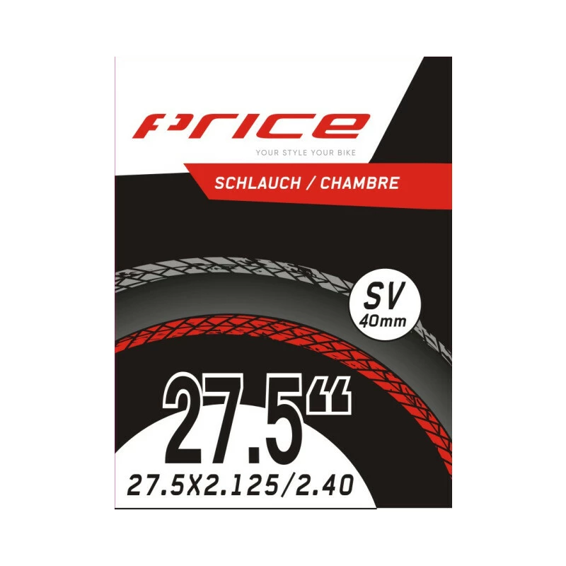 Price Schlauch MTB, 27.5x2.10-2.40, FV40, Ventil 40mm, Box à 10 Stk. 1 Price Schlauch MTB, 27.5x2.10-2.40, FV40, Ventil 40mm, Box à 10 Stk.